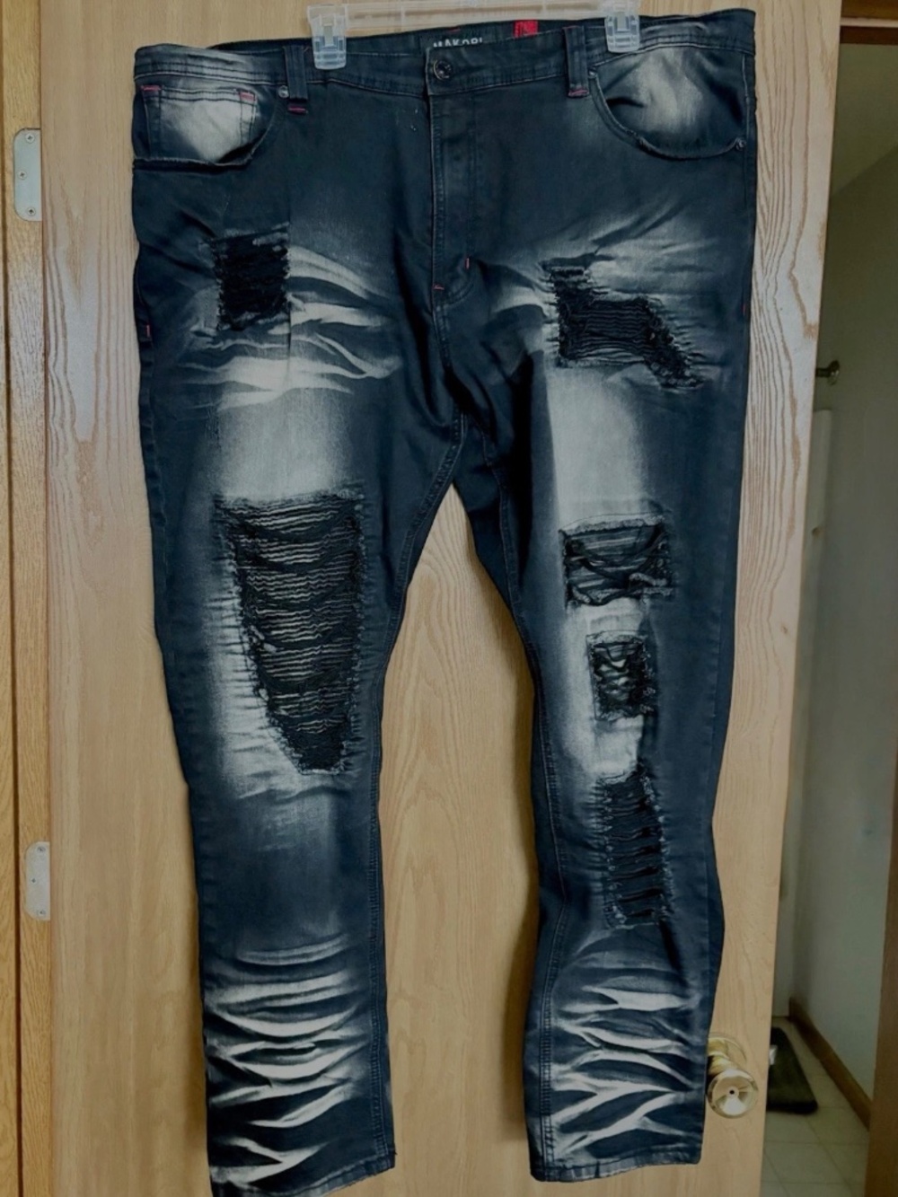 Makobi Men’s Biker Jeans # M1780 Pensacola Shredded Black Wash 44x32 Grunge Punk